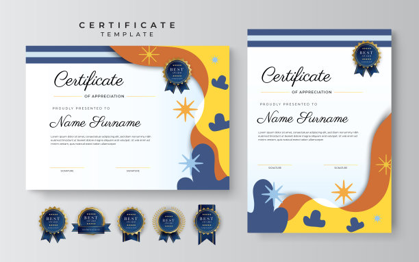 现代色彩丰富的成就证书边界模板与豪华徽章和现代线条图案。为了奖励、商业和教育需求图片下载