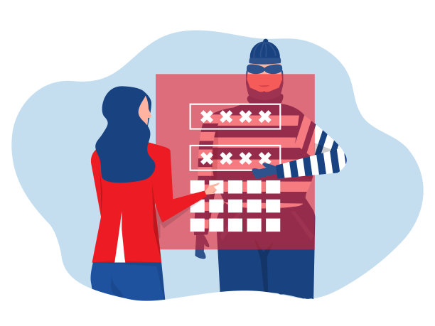 黑客窃取密码，数字货币盗窃攻击男性客户端应用程序，获取用户名和密码。网络钓鱼和银行诈骗。矢量插图。图片下载