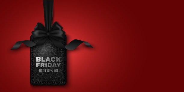 现实的黑色皮革标签与丝带和蝴蝶结黑色星期五销售在红色背景。广告标签为您的设计。为广告贴纸。向量图片下载