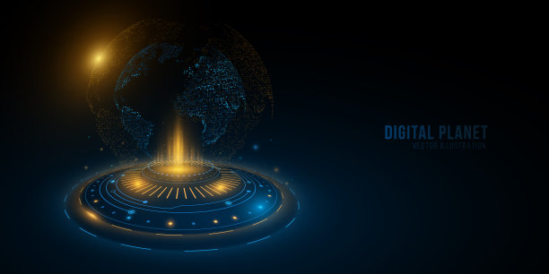 数字世界与HUD圆。地球全息地图。未来星球与光的影响。全球网络。技术科学。矢量图图片下载