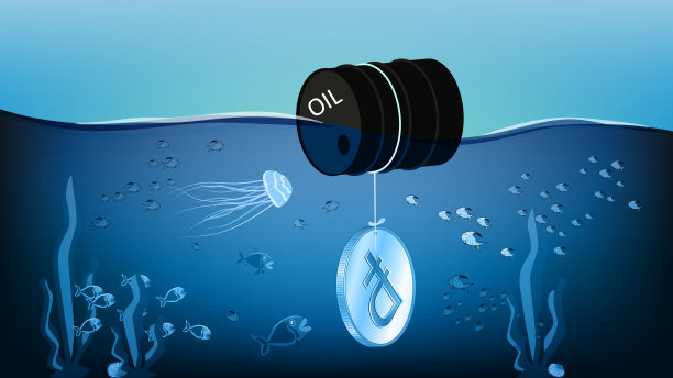 沉没的俄罗斯卢布硬币与漂浮在海洋中的桶油和鱼联系在一起。由于石油的原因，隐喻意义上正在下沉的卢布仍在漂浮。图片下载