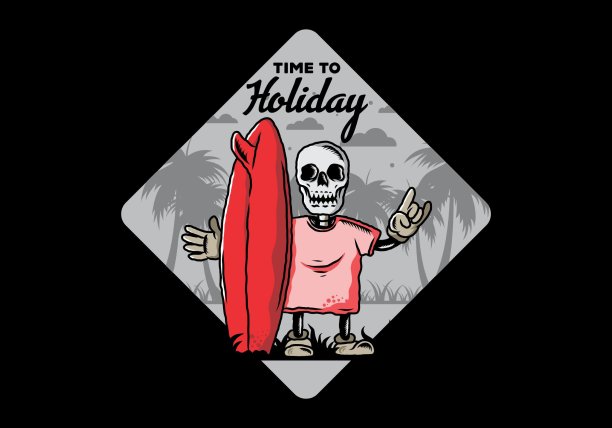 小头骨拿着一个冲浪板插图设计图片下载