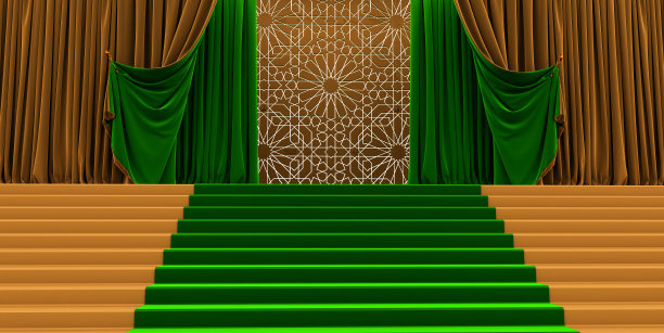 侧面绿色和金色的窗帘和阿拉伯式风格，伊斯兰VIP概念，斋月，开斋节穆巴拉克，绿色和金色的窗帘，图片下载