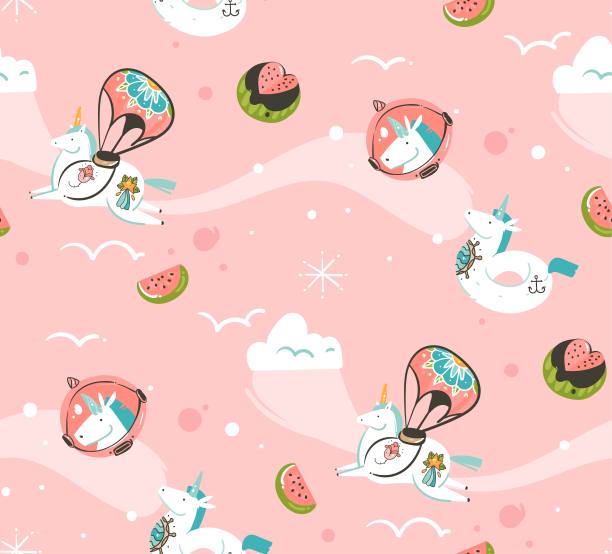 手绘矢量抽象图形创意卡通插画无缝图案，带有老派纹身的宇航员独角兽，粉红色背景上孤立的宇宙中的彗星和行星图片下载