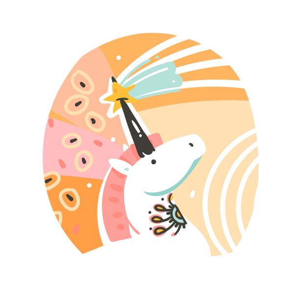 手绘矢量抽象图形创意卡通插图海报或印刷与老学校纹身独角兽的头与恒星，彗星和行星在宇宙孤立的白色抽象背景图片下载