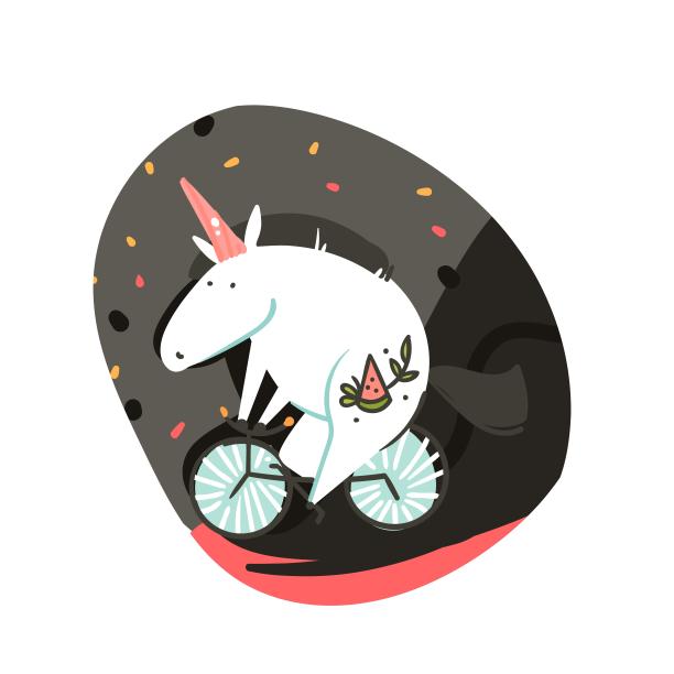 手绘矢量抽象图形创意卡通插图海报或印刷与老派纹身独角兽骑自行车，彗星和行星在宇宙孤立的白色抽象背景图片下载