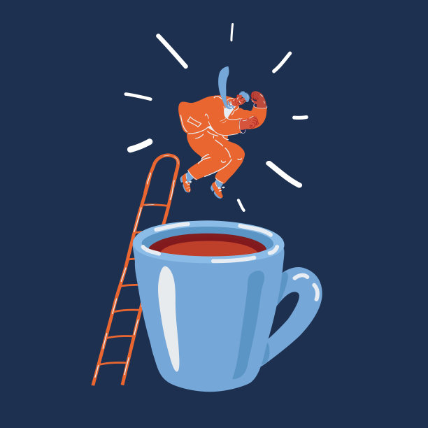 矢量插图的商人跳入大咖啡杯在黑暗的背景。图片下载