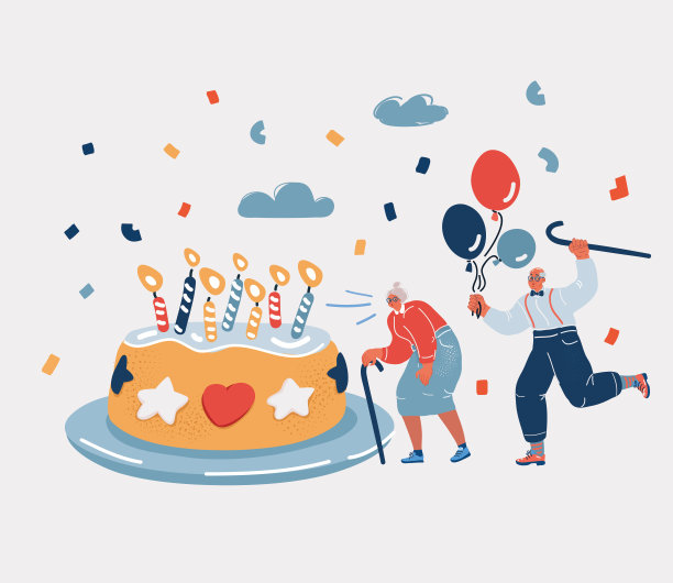 矢量插图的肖像高级夫妇与大蛋糕。Celebratinon的生日。老年人聚会图片下载