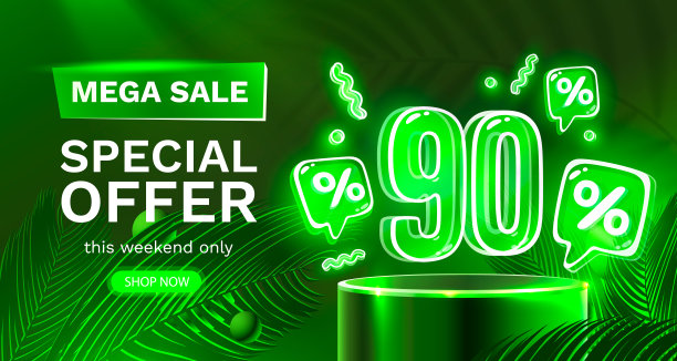 Mega sale特惠，霓虹灯90折横幅。路标晋升。向量图片下载