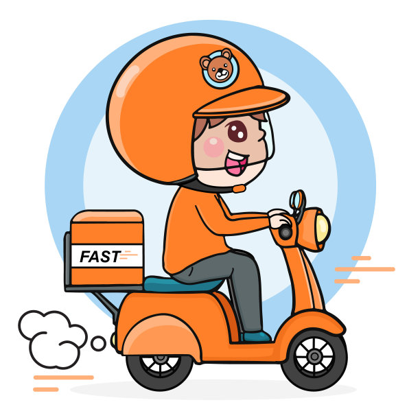 卡通外卖员骑摩托车快速送货扁平插画图片下载