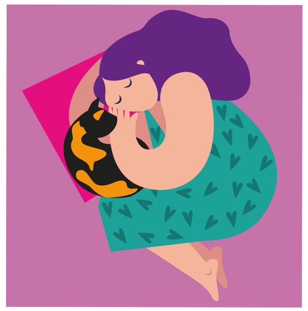 一个年轻的女人睡在她的猫旁边图片下载