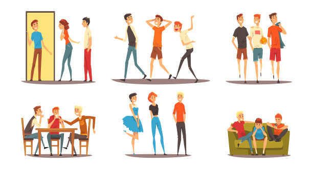 少年男孩和女孩公司聚集在一起花费时间向量集图片下载