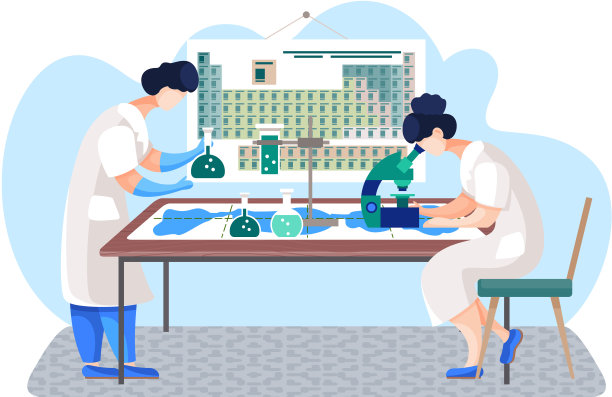 实验室化学研究。用装有液体的烧瓶工作的人。透过显微镜看的女人图片下载