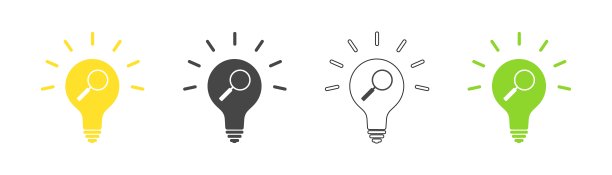 放大镜图标在灯泡设置。向量。图片下载