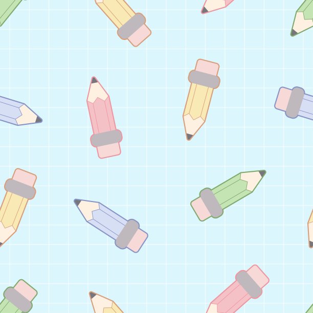 卡哇伊风格的无缝图案。蓝色格子背景的可爱铅笔。图片下载