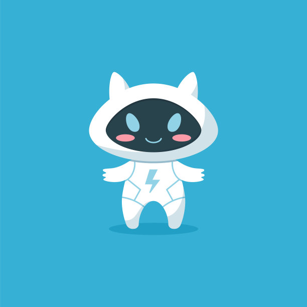 白色卡通机器人与猫的耳朵和闪电符号西装平风格图片下载
