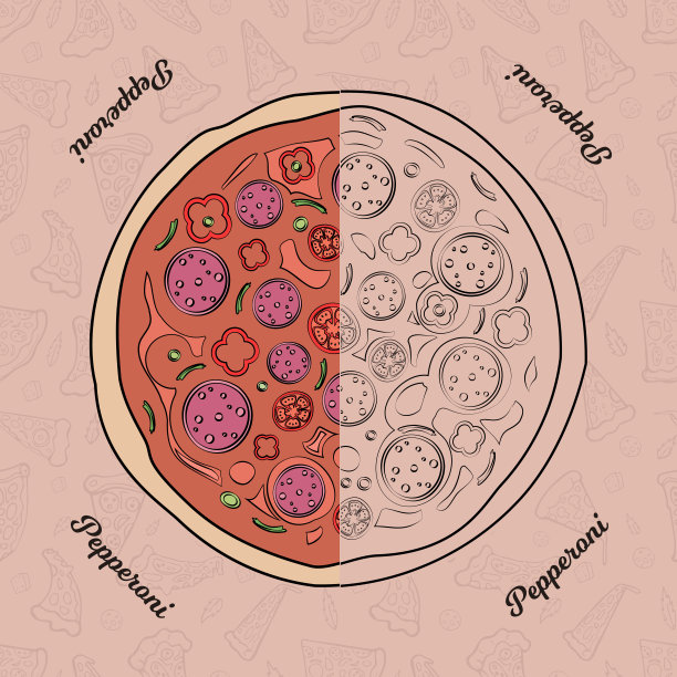意大利辣香肠披萨盒设计，番茄，胡椒和香肠，背景上无缝图案。图片下载