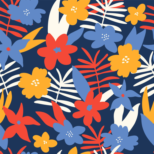 热带雨林花卉背景。丛林植物无缝图案。彩色矢量时尚印花面料热带花卉，草，树叶和蕨类植物图片下载