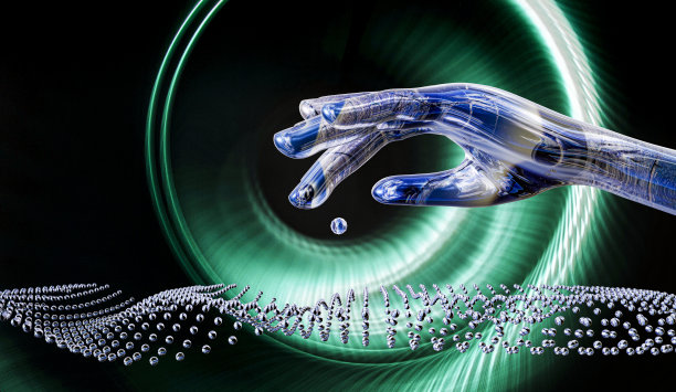 人工智能机器人手操纵量子计算机和波浪量子网图片下载