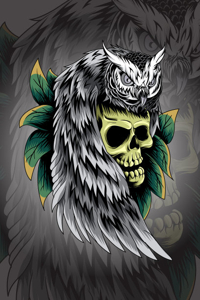 带叶子的猫头鹰头骨图片下载