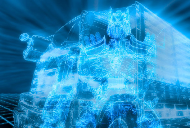 电动卡车用机器人从汽车零件。黑色背景的电动汽车拖车。未来的自主车。货运运输。物流卡车运输技术。自动驾驶汽车。图片下载