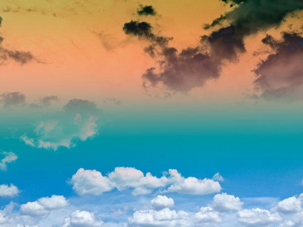 美丽甜美的粉彩绿色橙色彩色的蓬松的云在天空。多色彩虹图像。抽象幻想成长之光图片下载