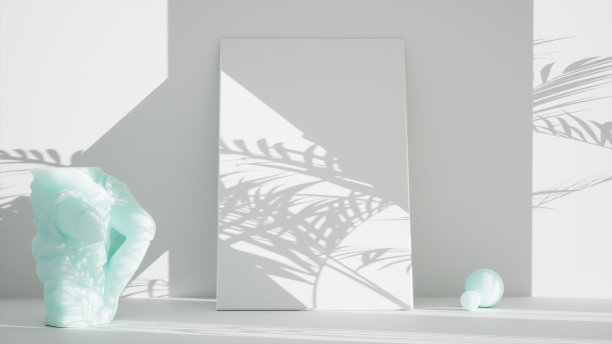空的白色房间内部有单一的蓝色碧玺古董雕像和大海报模型，阳光和植物阴影图片下载