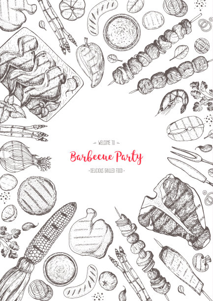 烤肉和蔬菜俯视图框架。矢量插图。雕刻设计。手绘插图。烧烤餐厅菜单设计模板。图片下载