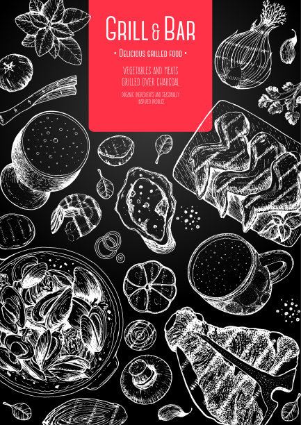 烧烤酒吧菜单设计模板。烤肉和蔬菜俯视图框架。矢量插图。雕刻设计。手绘插图。酒吧食品海报。烧烤的食物图片下载