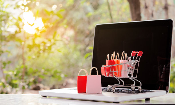 网上购物。带有购物车标志的购物袋，放在手提电脑键盘上的购物车里。网上购物服务。提供送货上门图片下载