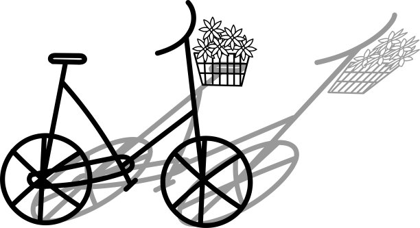 自行车与阴影和花在前面的篮子涂鸦风格孤立在白色背景。图片下载