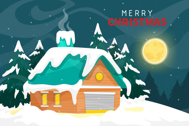 圣诞月圆之夜，雪中宁静的乡村别墅景色。图片下载