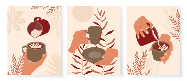 手拿咖啡杯和壶。咖啡师准备加牛奶的咖啡。一套抽象海报在极简波西米亚复古风格。图片下载