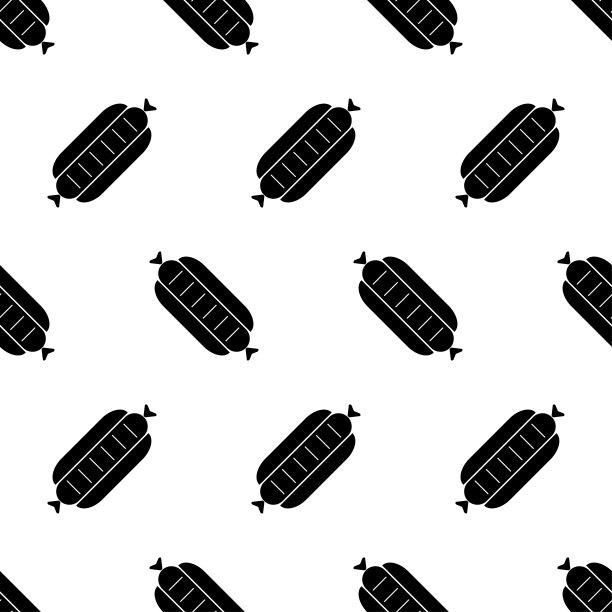 热狗无缝图案。快餐背景与热狗香肠。图标街头食品在白色背景。热狗的剪影。设计用于织物、包装纸、包装的印刷。矢量图图片下载