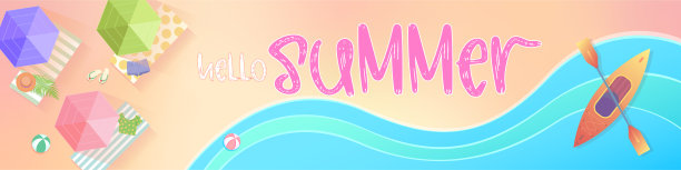 横幅网站，旅游和度假。带遮阳伞和日光浴床的海滩全景图片下载