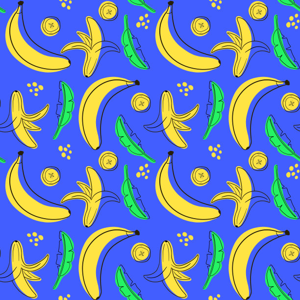 香蕉无缝图案。单色背景上的香蕉和香蕉片的图像。线的艺术风格。设计面料，服装，纸张等物品。数码插图。图片下载
