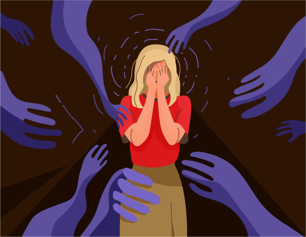 恐惧、成瘾概念矢量插图。心理上的影响。悲伤的年轻女子感到害怕，害怕，恐惧，压力。女孩用手捂着脸，周围都是令人毛骨悚然的手图片下载