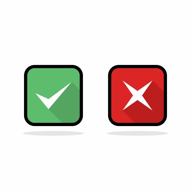 检查和错误标记，勾选和交叉标记，接受/拒绝，批准/不批准，是/否，对/错，绿色/红色，正确/错误，Ok/不Ok -矢量标记符号，绿色和红色。黑色描边和阴影设计。孤立的图标。图片下载