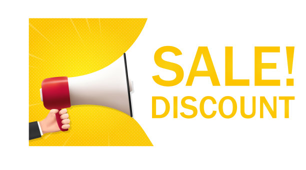 手里拿着一个扩音器，上面写着:打折销售!图片下载