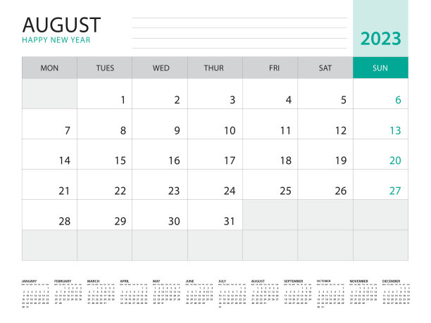 2023年8月2023日日历模板矢量绿色背景，星期星期一开始，桌面日历2023年，墙日历设计，企业计划模板，文具，组织者日记，矢量图片下载