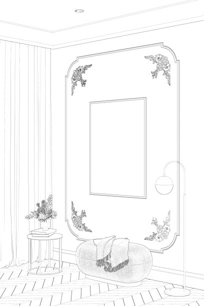 一幅经典室内风格的草图，墙上有一幅垂直的海报，上面有线形装饰，茶几上放着花瓶里的花，旁边是一把格纹椅子，窗边有一盏落地灯，挂着窗帘。图片下载