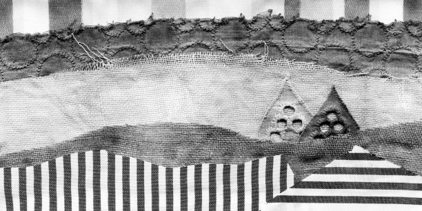 织物回收艺术贴花插图。错落有别的森林景观树木小山天空黑白色图片下载