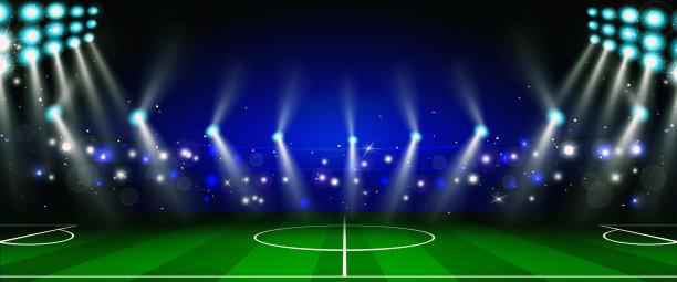 团队竞争、运动和胜利的概念。足球场的霓虹灯在卡通风格。图片下载