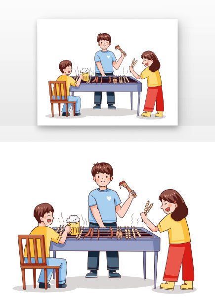 蓝色卡通烧烤摊位人物元素图片下载