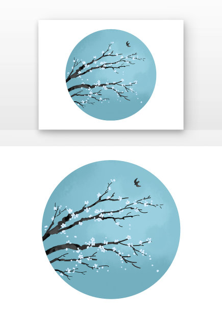 工笔画树木花卉和鸟国风元素图片下载