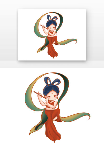 原创手绘敦煌吹笛子元素图片下载