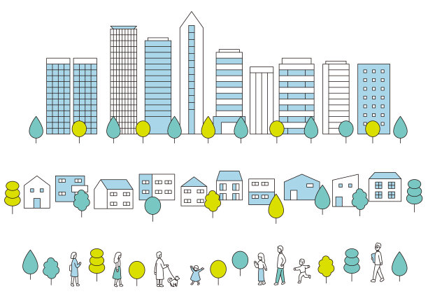 欧比插图的办公楼，居民区，和居住在那里的人图片下载