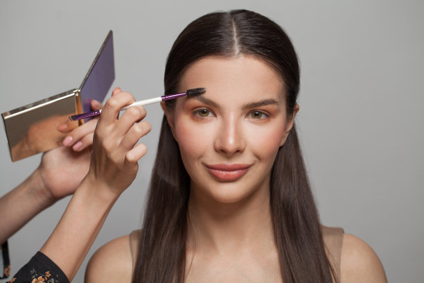 化妆的概念。女性化妆师应用化妆到一个美丽的女性模特的脸图片下载