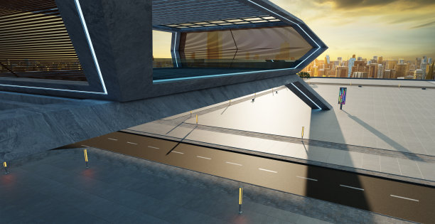 空旷的道路和现代屋顶建筑的透视图图片下载