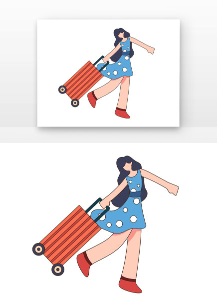 黄箱子女孩购物插画元素图片下载